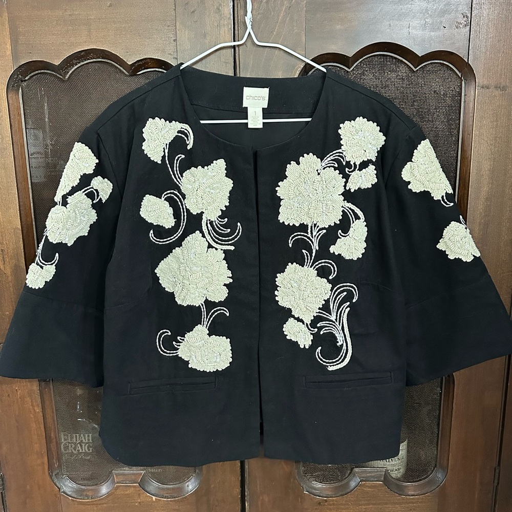 Chico's Black Jacket with Floral Beaded Embroidery